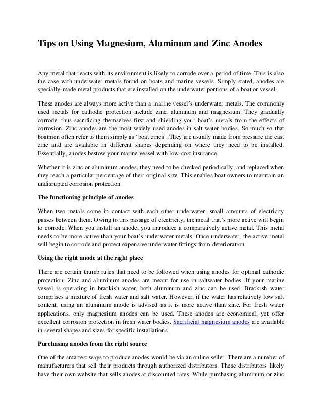 Tips on using magnesium aluminum and zinc anodes