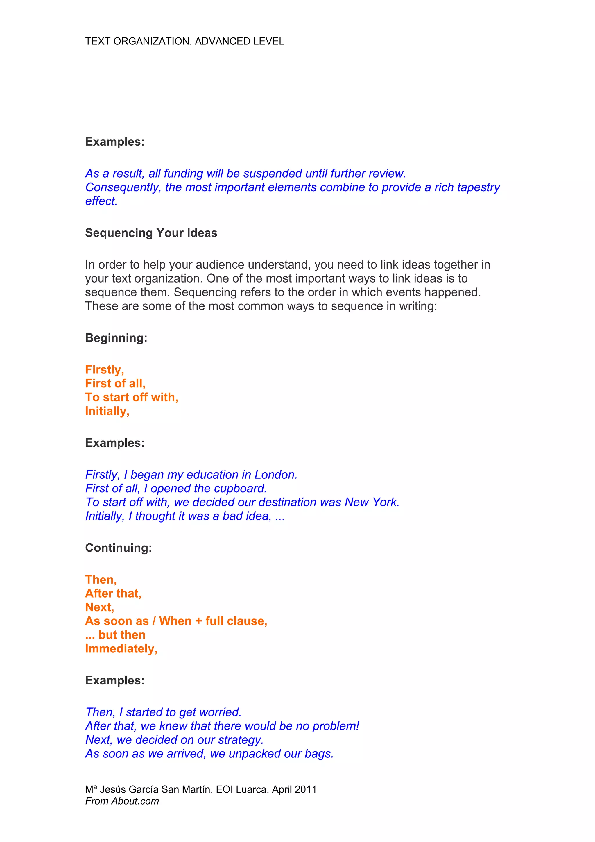 TEXT ORGANIZATION. ADVANCED LEVEL




Examples:

As a result, all funding will be suspended until further review.
Consequently, the most important elements combine to provide a rich tapestry
effect.

Sequencing Your Ideas

In order to help your audience understand, you need to link ideas together in
your text organization. One of the most important ways to link ideas is to
sequence them. Sequencing refers to the order in which events happened.
These are some of the most common ways to sequence in writing:

Beginning:

Firstly,
First of all,
To start off with,
Initially,

Examples:

Firstly, I began my education in London.
First of all, I opened the cupboard.
To start off with, we decided our destination was New York.
Initially, I thought it was a bad idea, ...

Continuing:

Then,
After that,
Next,
As soon as / When + full clause,
... but then
Immediately,

Examples:

Then, I started to get worried.
After that, we knew that there would be no problem!
Next, we decided on our strategy.
As soon as we arrived, we unpacked our bags.

Mª Jesús García San Martín. EOI Luarca. April 2011
From About.com
 