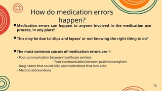 How do medication errors
happen?
2818
(2018)
↑3046
(2019)
01
02 03
Medication errors can happen to anyone involved in the medication use
process, in any place2
This may be due to ‘slips and lapses’ or not knowing the right thing to do2
- Poor communication between healthcare workers
- Poor communication between patients/caregivers
- Drug names that sound alike and medications that look alike
- Medical abbreviations
The most common causes of medication errors are 3
:
12
 