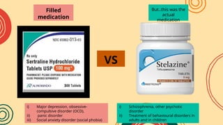 Filled
medication
But..this was the
actual
medication
i) Schizophrenia, other psychotic
disorder
ii) Treatment of behavioural disorders in
adults and in children
i) Major depression, obsessive-
compulsive disorder (OCD),
ii) panic disorder
iii) Social anxiety disorder (social phobia)
VS
 