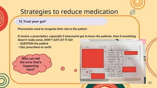 Pharmacists need to recognize their role to the patient
If receive a prescription, especially if pharmacist get to know the patients, then if something
doesn’t make sense, DON’T JUST LET IT GO!
- QUESTION the patient
- CALL prescribers to verify
Strategies to reduce medication
errors
Trust your gut4
12
31
Who can tell
the error that’s
happening
here?
 