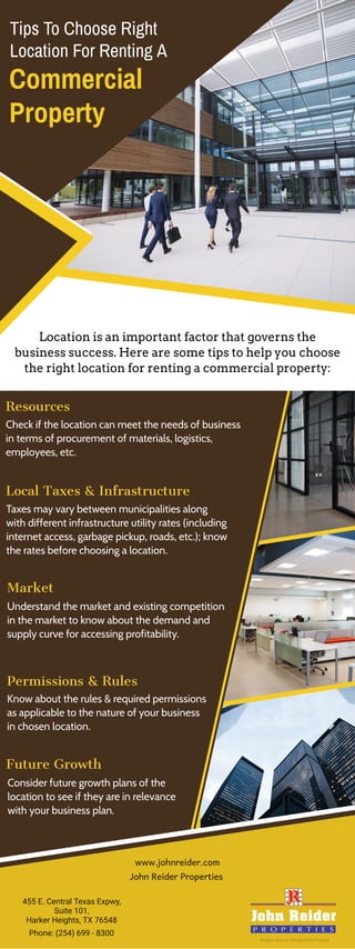 Tips To Choose Right
Location For Renting A
Location is an important factor that governs the
business success. Here are some tips to help you choose
the right location for renting a commercial property:
Commercial
Property
Resources
John Reider Properties
455 E. Central Texas Expwy,
Suite 101,
Harker Heights, TX 76548
www.johnreider.com
Phone: (254) 699 - 8300
Images Source: Designed by Freepik
Check if the location can meet the needs of business
in terms of procurement of materials, logistics,
employees, etc.
Market
Understand the market and existing competition
in the market to know about the demand and
supply curve for accessing profitability.
Local Taxes & Infrastructure
Taxes may vary between municipalities along
with different infrastructure utility rates (including
internet access, garbage pickup, roads, etc.); know
the rates before choosing a location.
Permissions & Rules
Know about the rules & required permissions
as applicable to the nature of your business
in chosen location.
Future Growth
Consider future growth plans of the
location to see if they are in relevance
with your business plan.
 