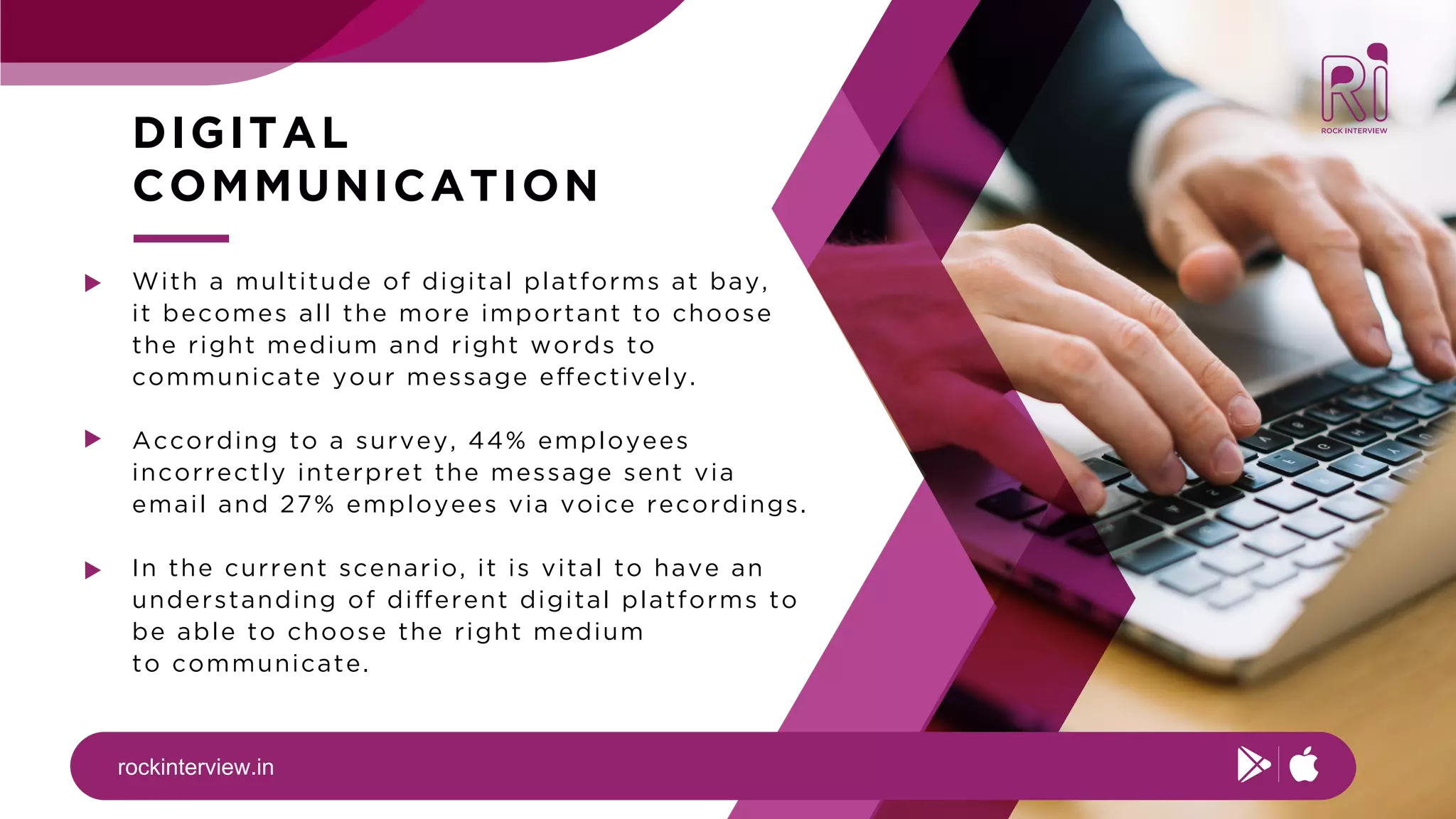 rockinterview.in
DIGITAL
COMMUNICATION
With a multitude of digital platforms at bay,
it becomes all the more important to choose
the right medium and right words to
communicate your message effectively.
According to a survey, 44% employees
incorrectly interpret the message sent via
email and 27% employees via voice recordings.
In the current scenario, it is vital to have an
understanding of different digital platforms to
be able to choose the right medium
to communicate.
 