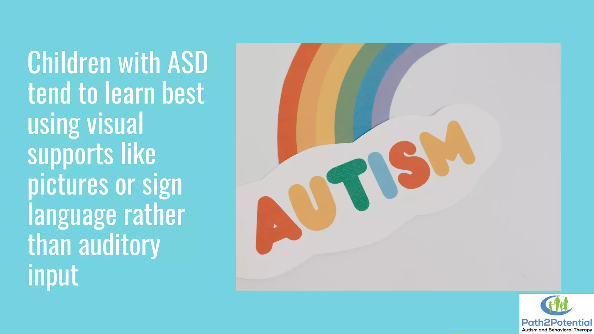 Children with ASD
tend to learn best
using visual
supports like
pictures or sign
language rather
than auditory
input
