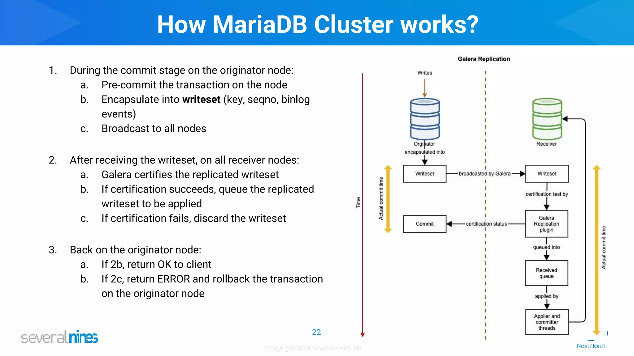 Copyright 2021 Severalnines AB
How MariaDB Cluster works?
1. During the commit stage on the originator node:
a. Pre-commit the transaction on the node
b. Encapsulate into writeset (key, seqno, binlog
events)
c. Broadcast to all nodes
2. After receiving the writeset, on all receiver nodes:
a. Galera certifies the replicated writeset
b. If certification succeeds, queue the replicated
writeset to be applied
c. If certification fails, discard the writeset
3. Back on the originator node:
a. If 2b, return OK to client
b. If 2c, return ERROR and rollback the transaction
on the originator node
22
 