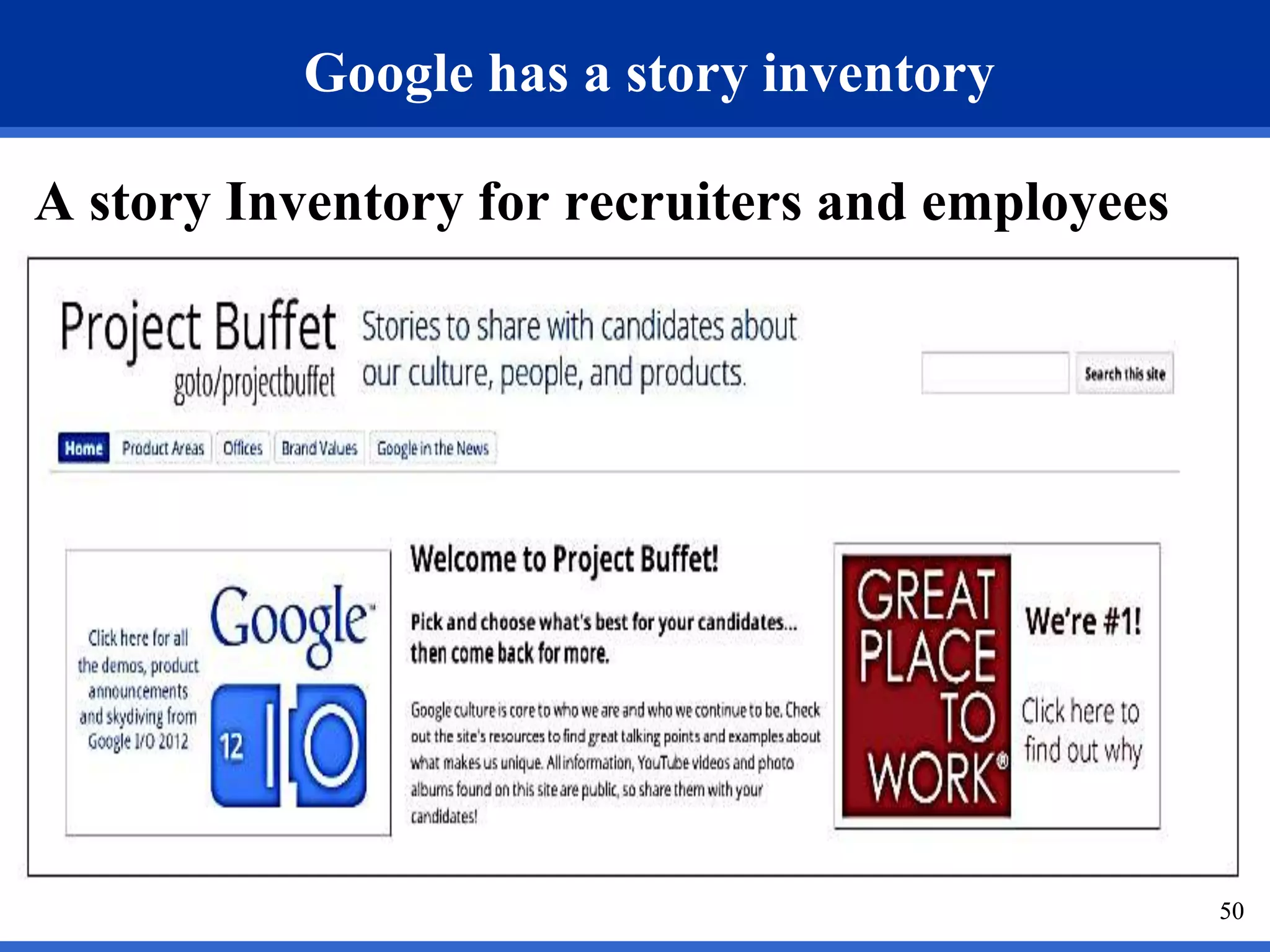 50
Google has a story inventory
A story Inventory for recruiters and employees
50
 