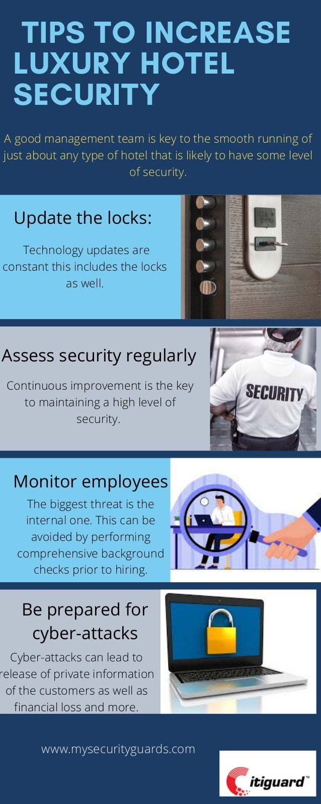 TIPS TO INCREASE
LUXURY HOTEL
SECURITY






A good management team is key to the smooth running of
just about any type of hotel that is likely to have some level
of security.
Update the locks:
Assess security regularly
Monitor employees
Be prepared for
cyber-attacks
Technology updates are
constant this includes the locks
as well.
Continuous improvement is the key
to maintaining a high level of
security.
The biggest threat is the
internal one. This can be
avoided by performing
comprehensive background
checks prior to hiring.
Cyber-attacks can lead to
release of private information
of the customers as well as
financial loss and more.
www.mysecurityguards.com


 