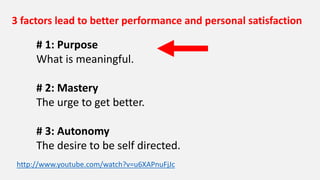 Studies show that people who are intrinsically 
motivated, i.e. motivated by, for example, 
satisfying own curiosity, learning new skills and/or 
having fun, are 3 times more engaged than 
people who are motivated primarily by extrinsic 
rewards such as money. 
http://intl-rop.sagepub.com/content/early/2011/10/19/0734371X11421495 
http://blogs.hbr.org/cs/2013/04/does_money_really_affect_motiv.html 
 