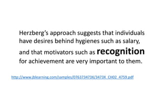 3 factors lead to better performance and personal satisfaction 
# 1: Purpose 
What is meaningful. 
# 2: Mastery 
The urge to get better. 
# 3: Autonomy 
The desire to be self directed. 
http://www.youtube.com/watch?v=u6XAPnuFjJc 
 