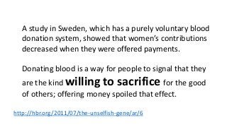 A study in Sweden, which has a purely voluntary blood 
donation system, showed that women’s contributions 
decreased when they were offered payments. 
Donating blood is a way for people to signal that they 
are the kind willing to sacrifice for the good 
of others; offering money spoiled that effect. 
http://hbr.org/2011/07/the-unselfish-gene/ar/6 
 