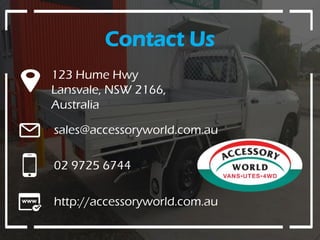 Contact Us
123 Hume Hwy
Lansvale, NSW 2166,
Australia
sales@accessoryworld.com.au
02 9725 6744
http://accessoryworld.com.au
 