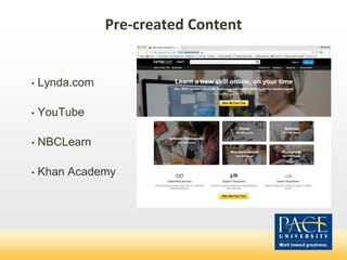 Pre-created Content
• Lynda.com
• YouTube
• NBCLearn
• Khan Academy
 
