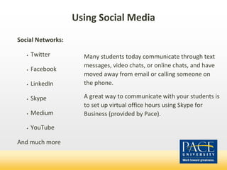 Using Social Media
Social Networks:
• Twitter
• Facebook
• LinkedIn
• Skype
• Medium
• YouTube
And much more
Many students today communicate through text
messages, video chats, or online chats, and have
moved away from email or calling someone on
the phone.
A great way to communicate with your students is
to set up virtual office hours using Skype for
Business (provided by Pace).
 