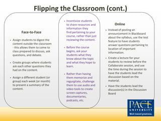 Flipping the Classroom (cont.)
Face-to-Face
• Assign students to digest the
content outside the classroom
- this allows them to come to
class prepared to discuss, ask
questions, and debate.
• Create groups where students
ask each other questions they
had on the content.
• Assign a different student (or
group) each week (or month)
to present a summary of the
content.
Online
• Instead of posting an
announcement in Blackboard
about the syllabus, use the test
feature to have students
answer questions pertaining to
location of important
information.
• Create a lecture for your
students to review before the
Collaborate session, and use
the time during the session to
have the students lead the
discussion based on the
material.
• Have the students lead the
discussion(s) in the Discussion
Board
• Incentivize students
to share resources and
information they
find pertaining to your
course, rather than just
reviewing the content.
• Before the course
begins, ask your
students what they
know about the topic
and what they hope to
learn.
• Rather than having
them memorize and
regurgitate, challenge
them to use audio and
video tools to create
screen captures,
documentaries,
podcasts, etc.
 