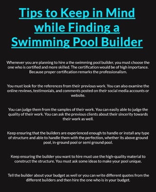Tips To Keep In Mind while Finding A Swimming Pool Builder