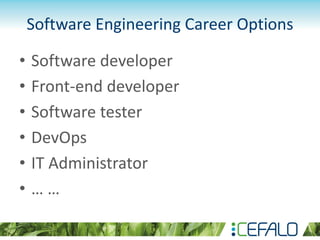 Software Engineering Career Options
• Software developer
• Front-end developer
• Software tester
• DevOps
• IT Administrator
• … …
 