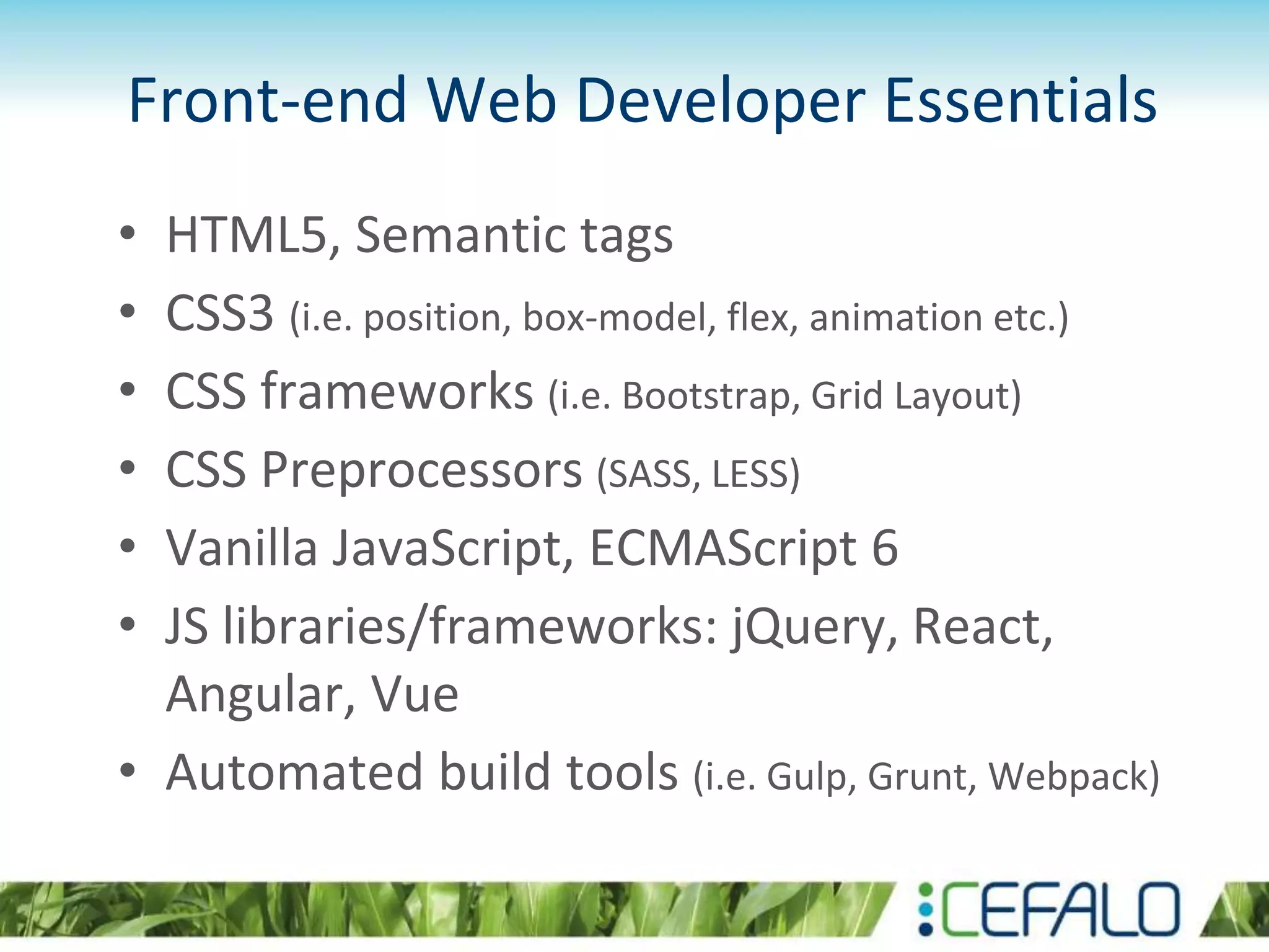 Front-end Web Developer Essentials
• HTML5, Semantic tags
• CSS3 (i.e. position, box-model, flex, animation etc.)
• CSS frameworks (i.e. Bootstrap, Grid Layout)
• CSS Preprocessors (SASS, LESS)
• Vanilla JavaScript, ECMAScript 6
• JS libraries/frameworks: jQuery, React,
Angular, Vue
• Automated build tools (i.e. Gulp, Grunt, Webpack)
 