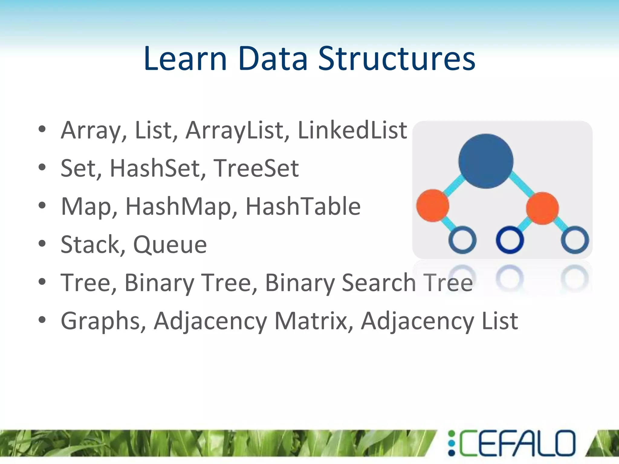 Learn Data Structures
• Array, List, ArrayList, LinkedList
• Set, HashSet, TreeSet
• Map, HashMap, HashTable
• Stack, Queue
• Tree, Binary Tree, Binary Search Tree
• Graphs, Adjacency Matrix, Adjacency List
 