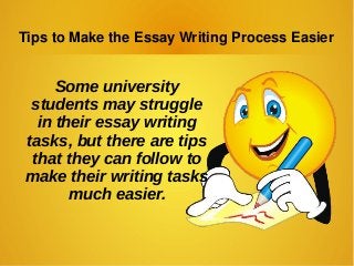 Tips to Make the Essay Writing Process Easier
Some university
students may struggle
in their essay writing
tasks, but there are tips
that they can follow to
make their writing tasks
much easier.
 