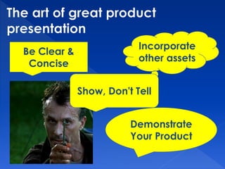 Be Clear & 
Concise 
Incorporate 
other assets 
Show, Don't Tell 
Demonstrate 
Your Product 
 