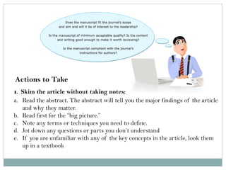 Actions to Take 1. Skim the article without taking notes: 
a.Read the abstract. The abstract will tell you the major findings of the article and why they matter. 
b.Read first for the “big picture.” 
c.Note any terms or techniques you need to define. 
d.Jot down any questions or parts you don’t understand 
e.If you are unfamiliar with any of the key concepts in the article, look them up in a textbook  