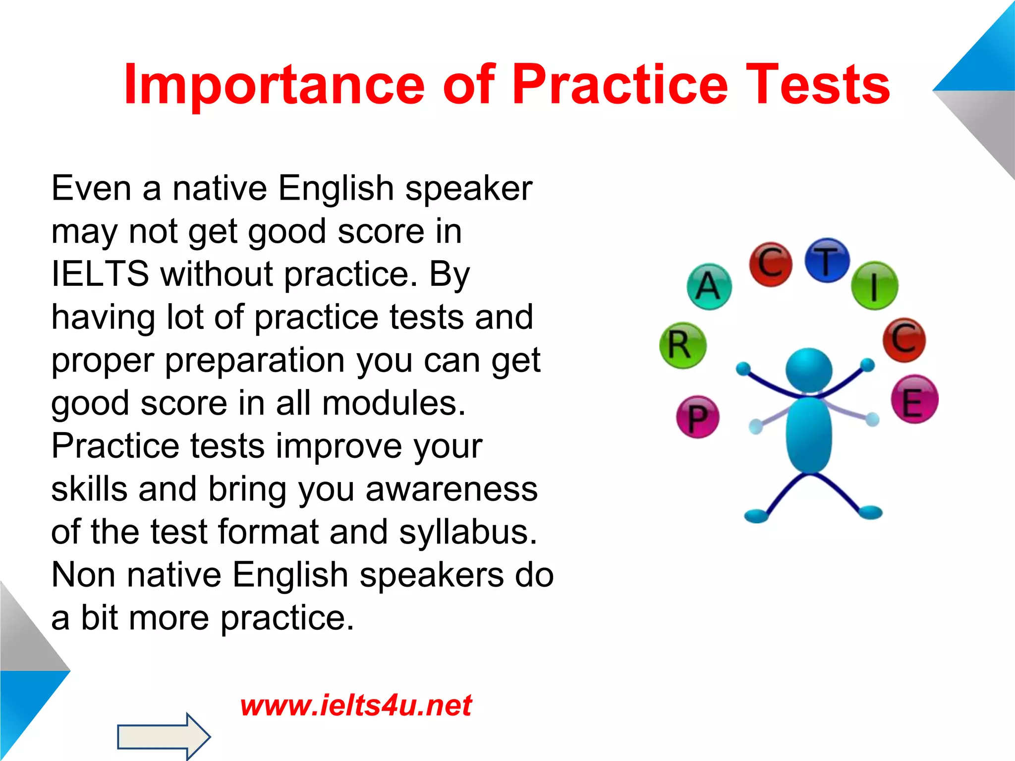 Importance of Practice Tests
Even a native English speaker
may not get good score in
IELTS without practice. By
having lot of practice tests and
proper preparation you can get
good score in all modules.
Practice tests improve your
skills and bring you awareness
of the test format and syllabus.
Non native English speakers do
a bit more practice.
www.ielts4u.net

 