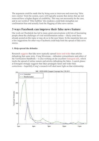 The argument could be made that by being seen to intervene and removing ‘false
news stories’ from the system, users will logically assume that stories that are not
removed have a higher degree of credibility. This may not necessarily be the case,
and in our world of ‘filter bubbles’ this tendency could help strengthen our
confirmation bias and actually limit the flagging of false news stories.
3 ways Facebook can improve their false news feature
Our work on Checkdesk has led to many great conversations with lots of fascinating
people about the challenges of viral misinformation online — likely some have
already posted on this topic or may do so in the near future. In the meantime here are
a few suggestions for other ways Facebook could help limit the spread of fake news
stories.
1. Help spread the debunks
Research suggests that fake news typically spread faster and wider than articles
debunking that same story. Craig Silverman — debunker extraordinaire and editor of
the Verification Handbook — is also working on the excellent Emergent.info, which
tracks the spread of online rumors and articles debunking the fakes. A quick glance
at Emergent strongly suggests that fakes propagate faster and wider than
corrections — hopefully Craig’s research will shed more light on that relationship.
 