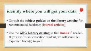 identify where you will get your data
• Consult the subject guides on the library website for
recommended databases (journal articles)
• Use the GBC Library catalog to find books if needed.
If you are distant education student, we will send the
requested book(s) to you!
 
