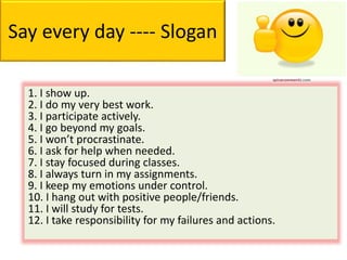 Say every day ---- Slogan
1. I show up.
2. I do my very best work.
3. I participate actively.
4. I go beyond my goals.
5. I won’t procrastinate.
6. I ask for help when needed.
7. I stay focused during classes.
8. I always turn in my assignments.
9. I keep my emotions under control.
10. I hang out with positive people/friends.
11. I will study for tests.
12. I take responsibility for my failures and actions.
 