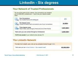 LinkedIn - Six degrees




Tips & Traps in Social Media Marketing   Chris Kenney © 2011   10
 