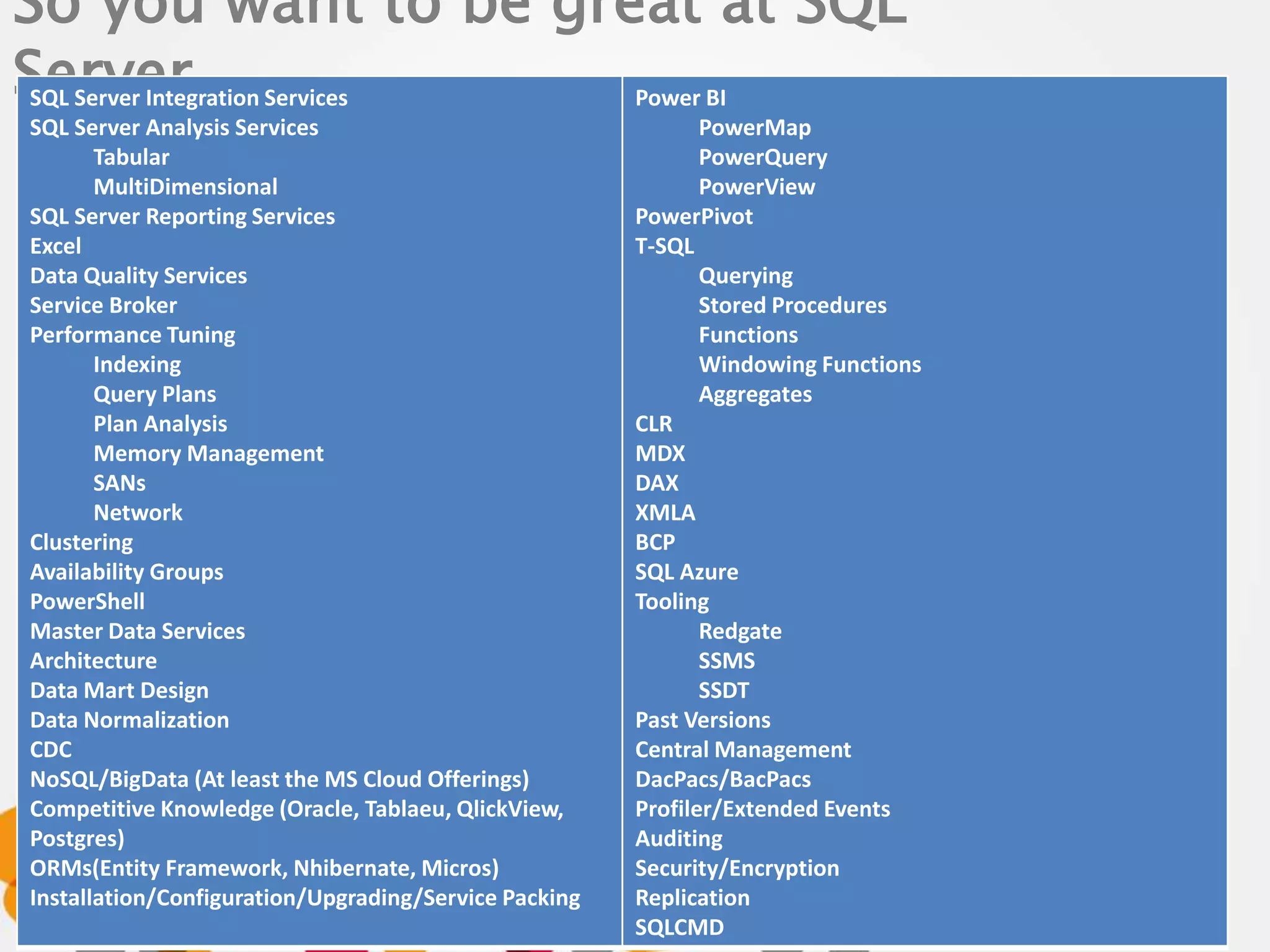 So you want to be great at SQL 
Server… SQL Server Integration Services 
SQL Server Analysis Services 
Tabular 
MultiDimensional 
SQL Server Reporting Services 
Excel 
Data Quality Services 
Service Broker 
Performance Tuning 
Indexing 
Query Plans 
Plan Analysis 
Memory Management 
SANs 
Network 
Clustering 
Availability Groups 
PowerShell 
Master Data Services 
Architecture 
Data Mart Design 
Data Normalization 
CDC 
NoSQL/BigData (At least the MS Cloud Offerings) 
Competitive Knowledge (Oracle, Tablaeu, QlickView, 
Postgres) 
ORMs(Entity Framework, Nhibernate, Micros) 
Installation/Configuration/Upgrading/Service Packing 
Power BI 
PowerMap 
PowerQuery 
PowerView 
PowerPivot 
T-SQL 
Querying 
Stored Procedures 
Functions 
Windowing Functions 
Aggregates 
CLR 
MDX 
DAX 
XMLA 
BCP 
SQL Azure 
Tooling 
Redgate 
SSMS 
SSDT 
Past Versions 
Central Management 
DacPacs/BacPacs 
Profiler/Extended Events 
Auditing 
Security/Encryption 
Replication 
SQLCMD 
 