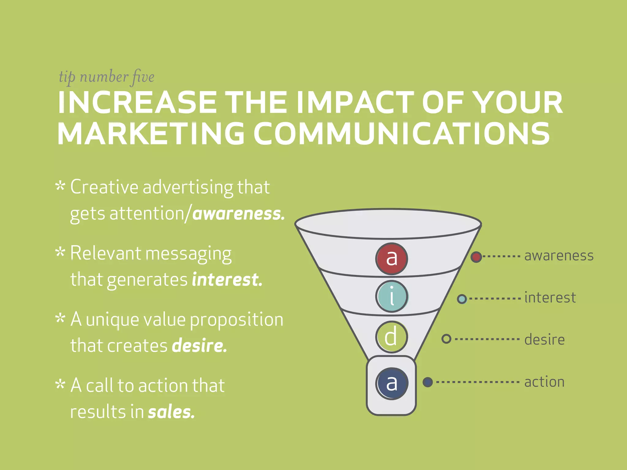 tip number five
increase the impact of your
marketing communications
* Creative advertising that
 gets attention/awareness.

* Relevant messaging           a   awareness
 that generates interest.
                               i   interest

* A unique value proposition   d   desire
 that creates desire.

* A call to action that        a   action

 results in sales.
 