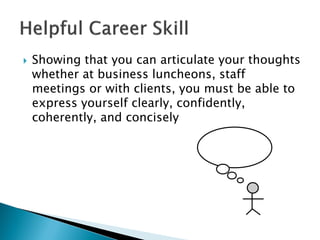  Showing that you can articulate your thoughts
whether at business luncheons, staff
meetings or with clients, you must be able to
express yourself clearly, confidently,
coherently, and concisely
 