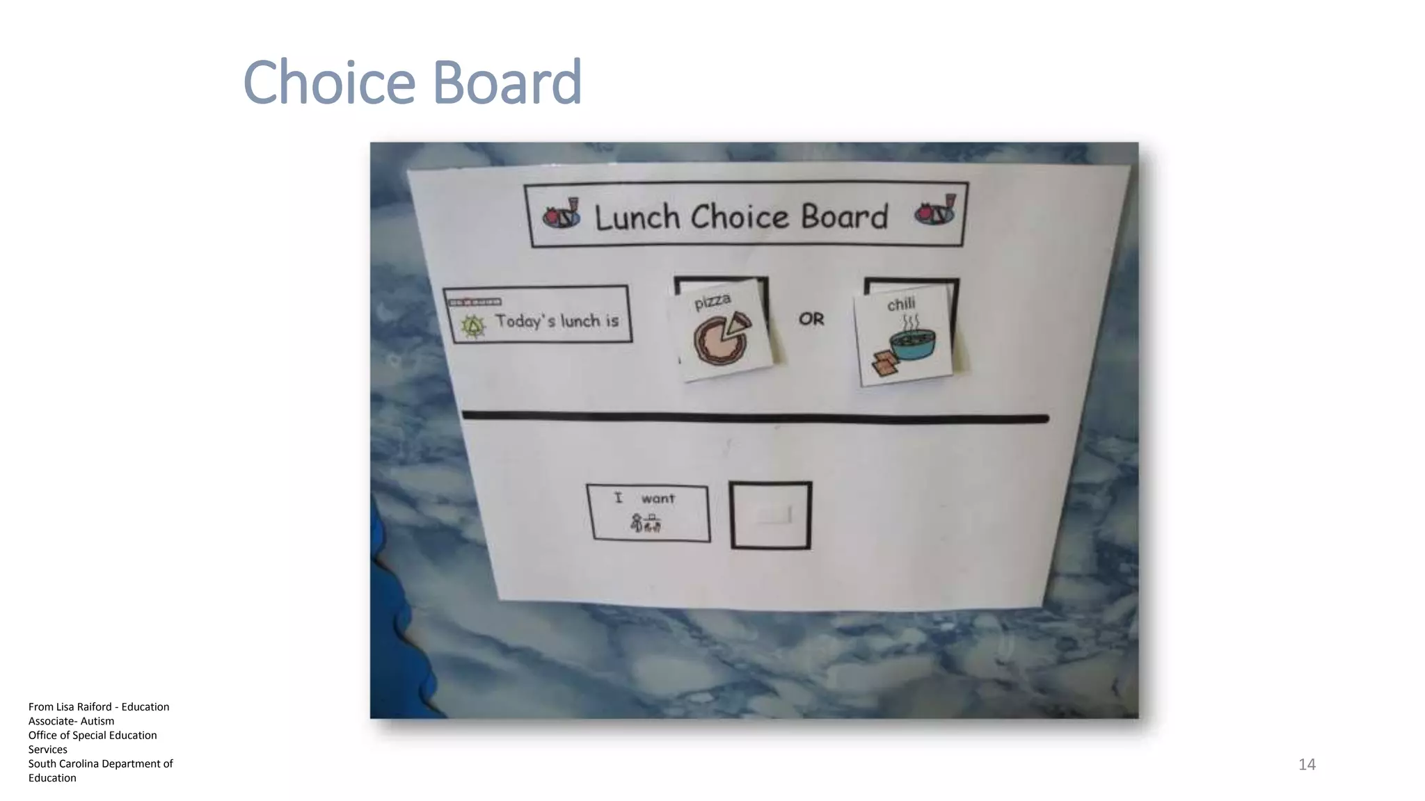 Choice Board
14
From Lisa Raiford - Education
Associate- Autism
Office of Special Education
Services
South Carolina Department of
Education
 
