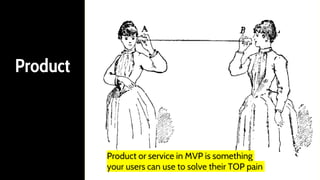 Product
Product or service in MVP is something
your users can use to solve their TOP pain
 