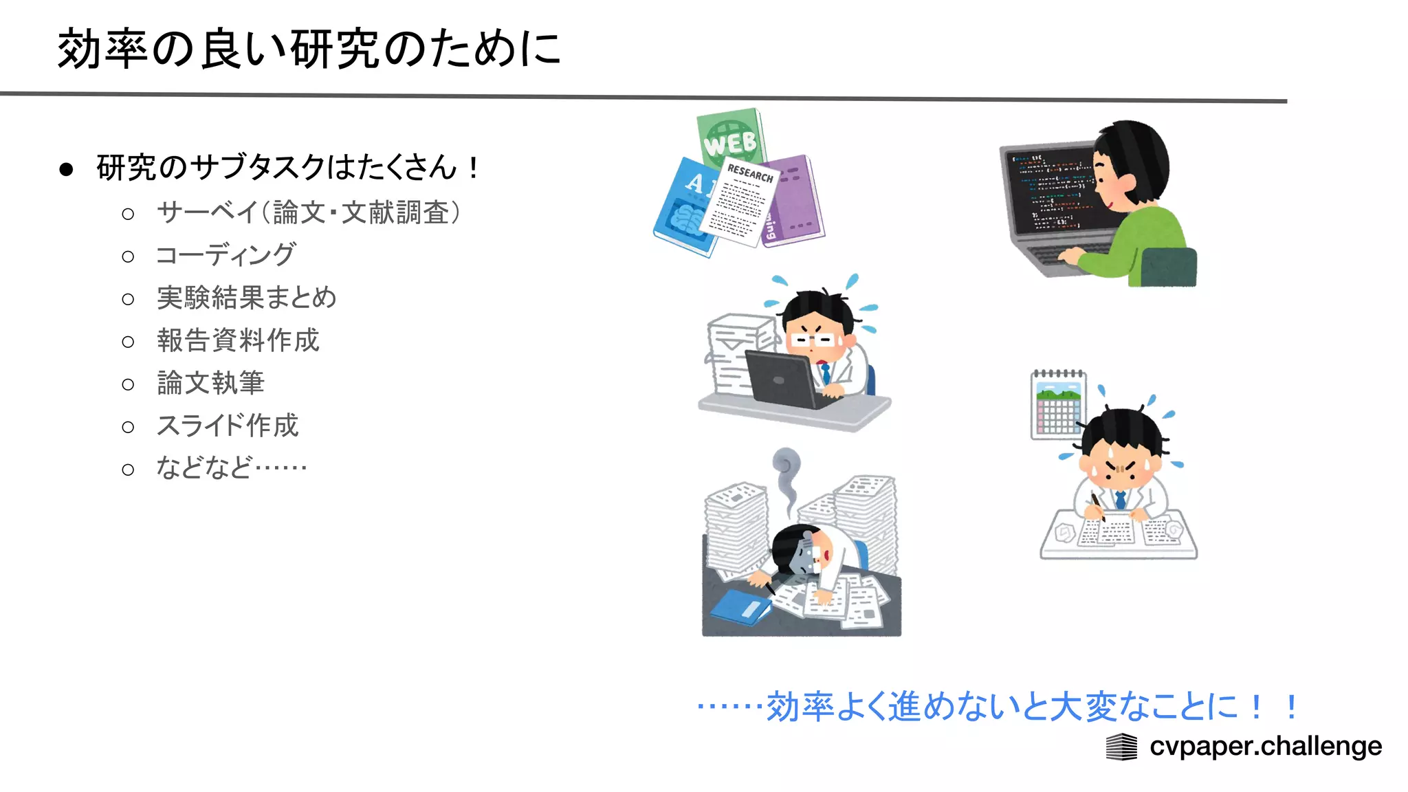 ● 研究 サブタスク たくさん！ 
○ サーベイ（論文・文献調査）  
○ コーディング 
○ 実験結果まとめ 
○ 報告資料作成 
○ 論文執筆 
○ スライド作成 
○ などなど…… 
……効率よく進めないと大変なことに！！ 
効率 良い研究 ために 
 