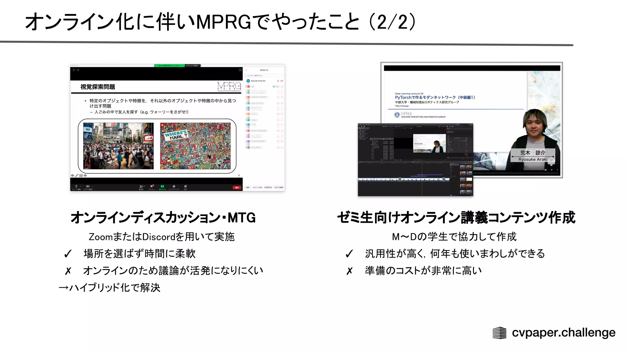 オンラインディスカッション・  
oomまた iscordを用いて実施 
✓ 場所を選 ず時間に柔軟 
✗ オンライン ため議論が活発になりにくい 
　　　→ハイブリッド化で解決 
ゼミ生向けオンライン講義コンテンツ作成
 
〜 学生で協力して作成 
✓ 汎用性が高く，何年も使いまわしができる 
✗ 準備 コストが非常に高い 
オンライン化に伴い でやったこと （2/2） 
 
