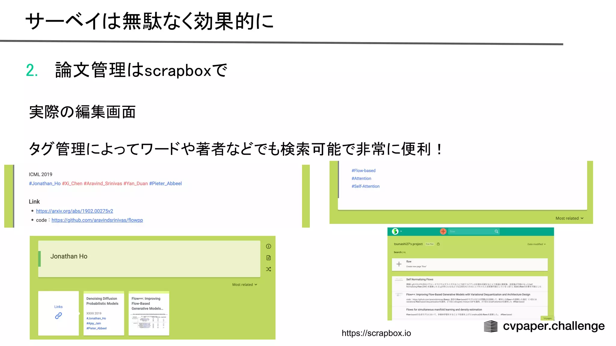 2. 論文管理 scrapboxで 
 
実際 編集画面 
 
タグ管理によってワードや著者などでも検索可能で非常に便利！ 
サーベイ 無駄なく効果的に 
https://scrapbox.io
 