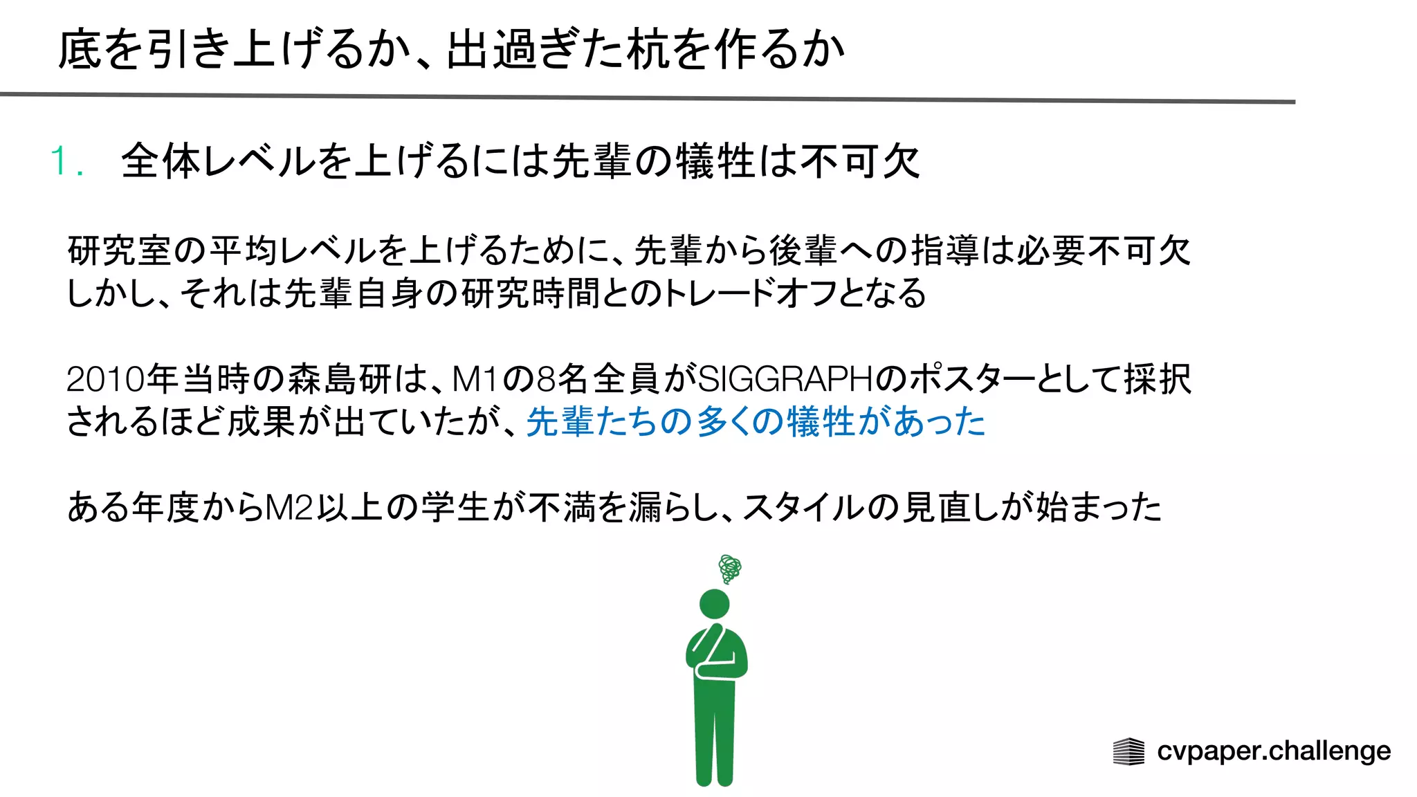 1. 全体レベルを上げるに 先輩 犠牲 不可欠
研究室 平均レベルを上げるために、先輩から後輩へ 指導 必要不可欠
しかし、それ 先輩自身 研究時間と トレードオフとなる
2010年当時 森島研 、M1 8名全員がSIGGRAPH ポスターとして採択
されるほど成果が出ていたが、先輩たち 多く 犠牲があった
ある年度からM2以上 学生が不満を漏らし、スタイル 見直しが始まった
底を引き上げるか、出過ぎた杭を作るか 
 