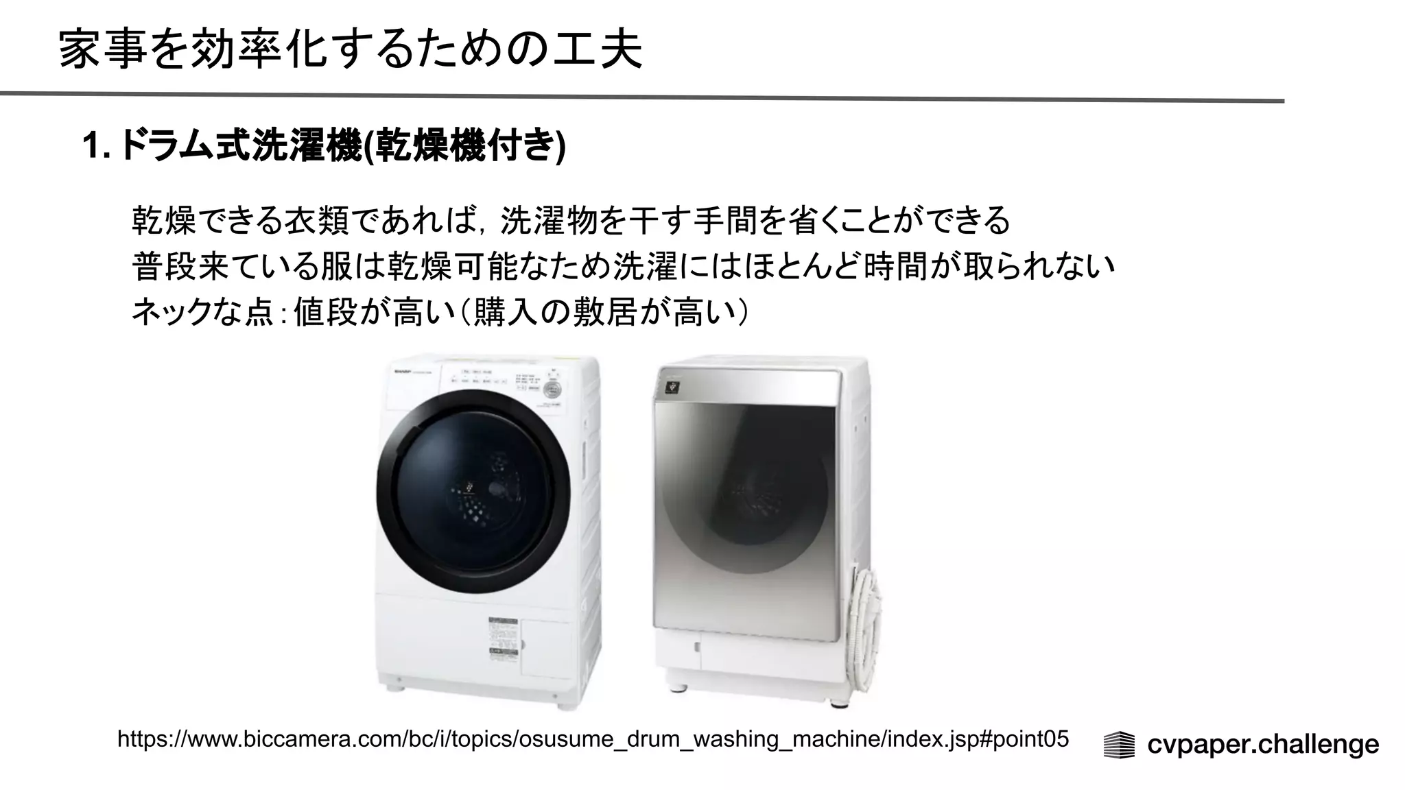 乾燥できる衣類であれ ，洗濯物を干す手間を省くことができる 
普段来ている服 乾燥可能なため洗濯に ほとんど時間が取られない 
ネックな点：値段が高い（購入 敷居が高い） 
1. ドラム式洗濯機(乾燥機付き)
家事を効率化するため 工夫 
https://www.biccamera.com/bc/i/topics/osusume_drum_washing_machine/index.jsp#point05
 