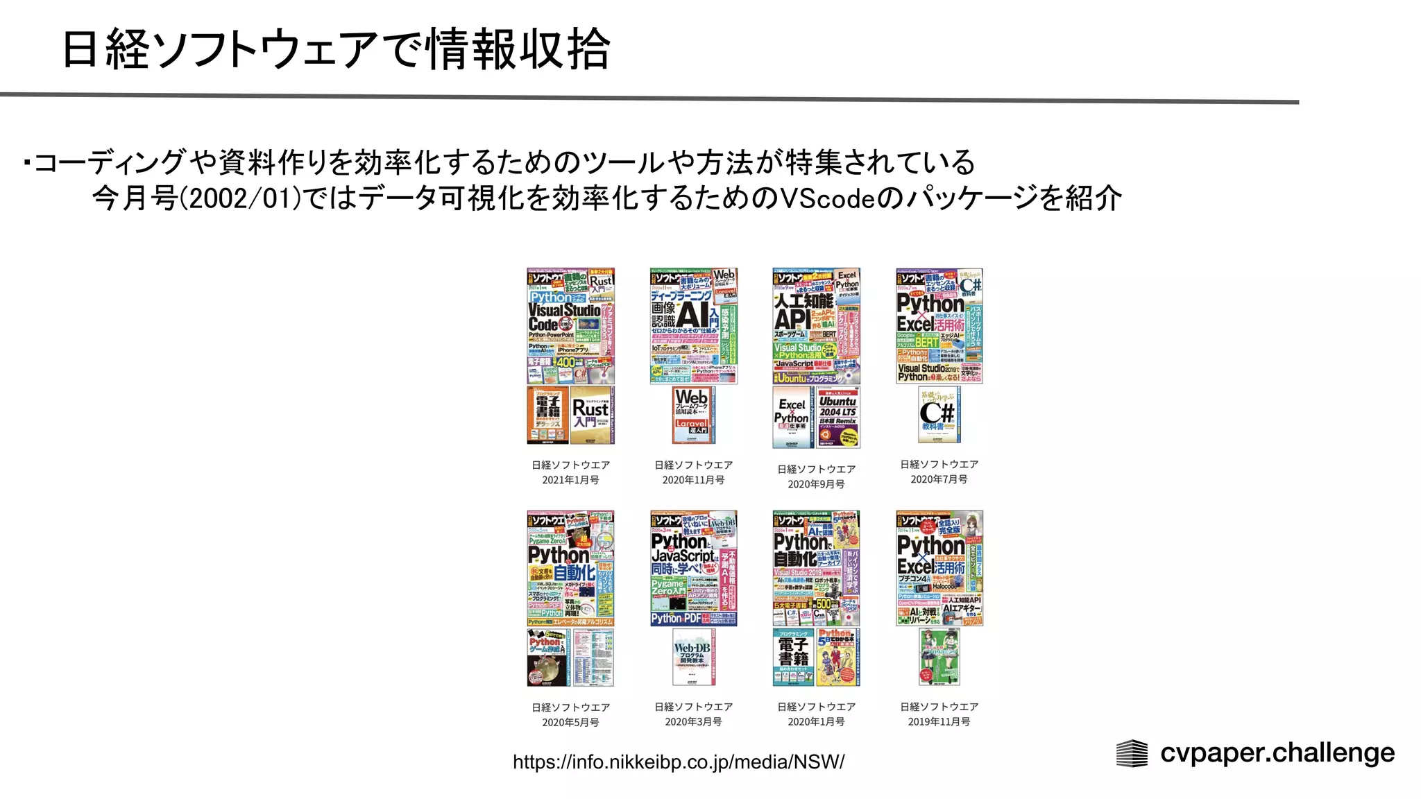 日経ソフトウェアで情報収拾  
・コーディングや資料作りを効率化するため ツールや方法が特集されている 
今月号(2002/01)で データ可視化を効率化するため code パッケージを紹介 
 
https://info.nikkeibp.co.jp/media/NSW/
 