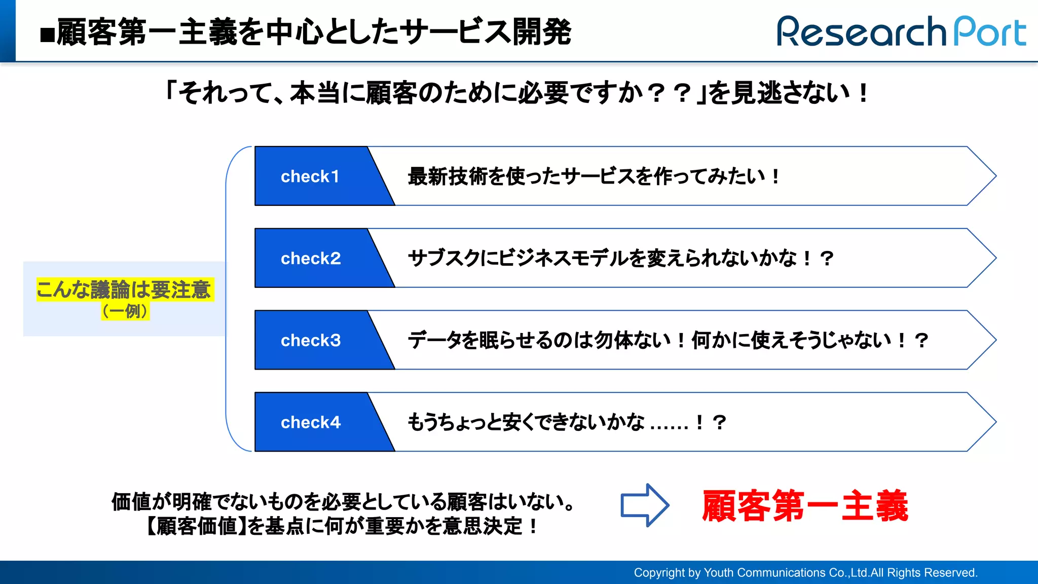 ■顧客第一主義を中心としたサービス開発
Copyright by Youth Communications Co.,Ltd.All Rights Reserved.
「それって、本当に顧客 ために必要ですか？？」を見逃さない！
サブスクにビジネスモデルを変えられないかな！？
check２
最新技術を使ったサービスを作ってみたい！
check１
データを眠らせる 勿体ない！何かに使えそうじゃない！？
check３
もうちょっと安くできないかな ……！？
check４
価値が明確でないも を必要としている顧客 いない。
【顧客価値】を基点に何が重要かを意思決定！
顧客第一主義
こんな議論 要注意
（一例）
 