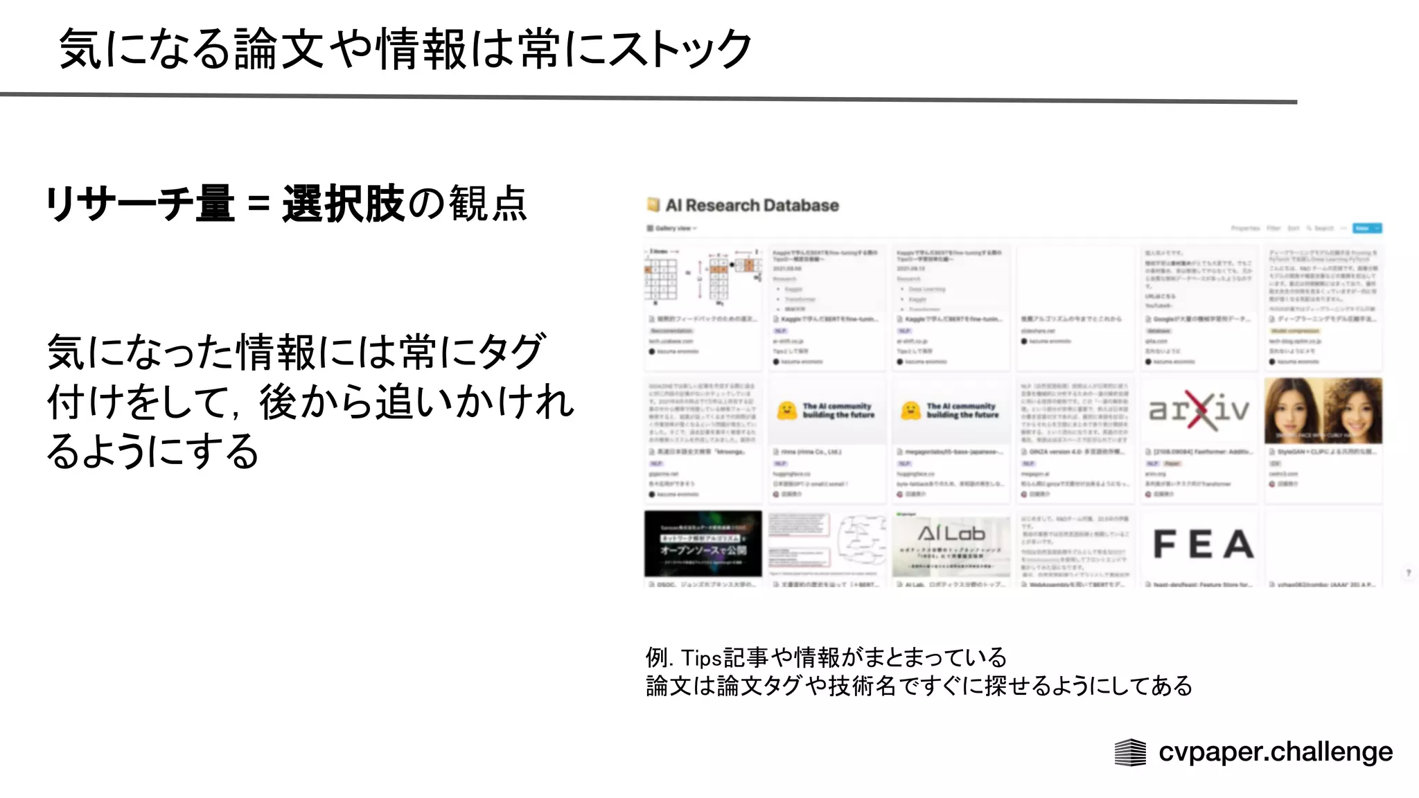 気になる論文や情報 常にストック 
リサーチ量 = 選択肢 観点 
 
 
気になった情報に 常にタグ
付けをして，後から追いかけれ
るようにする 
例. ips記事や情報がまとまっている 
論文 論文タグや技術名ですぐに探せるようにしてある 
 