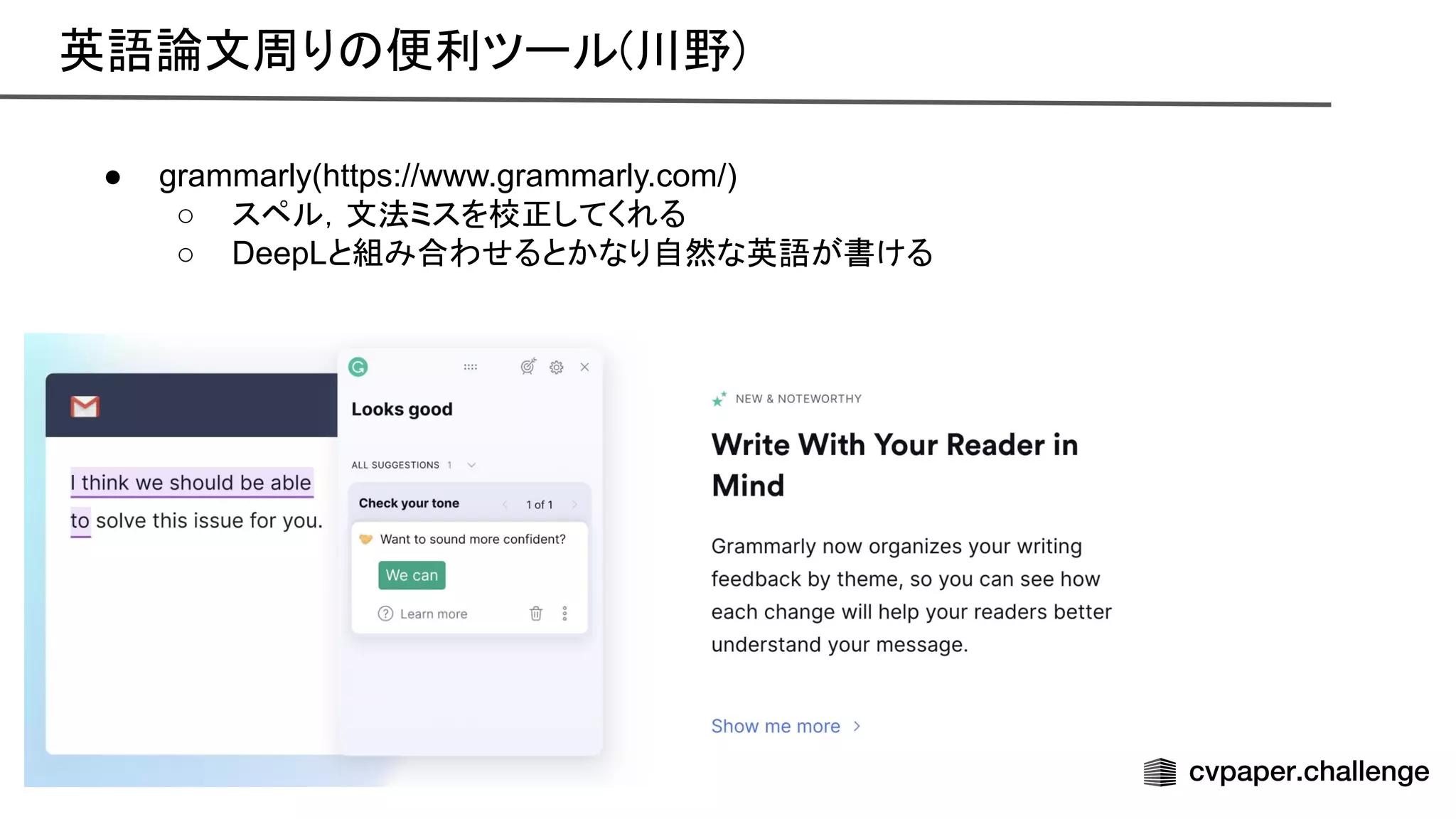 英語論文周り 便利ツール(川野) 
● grammarly(https://www.grammarly.com/)
○ スペル，文法ミスを校正してくれる
○ DeepLと組み合わせるとかなり自然な英語が書ける
 