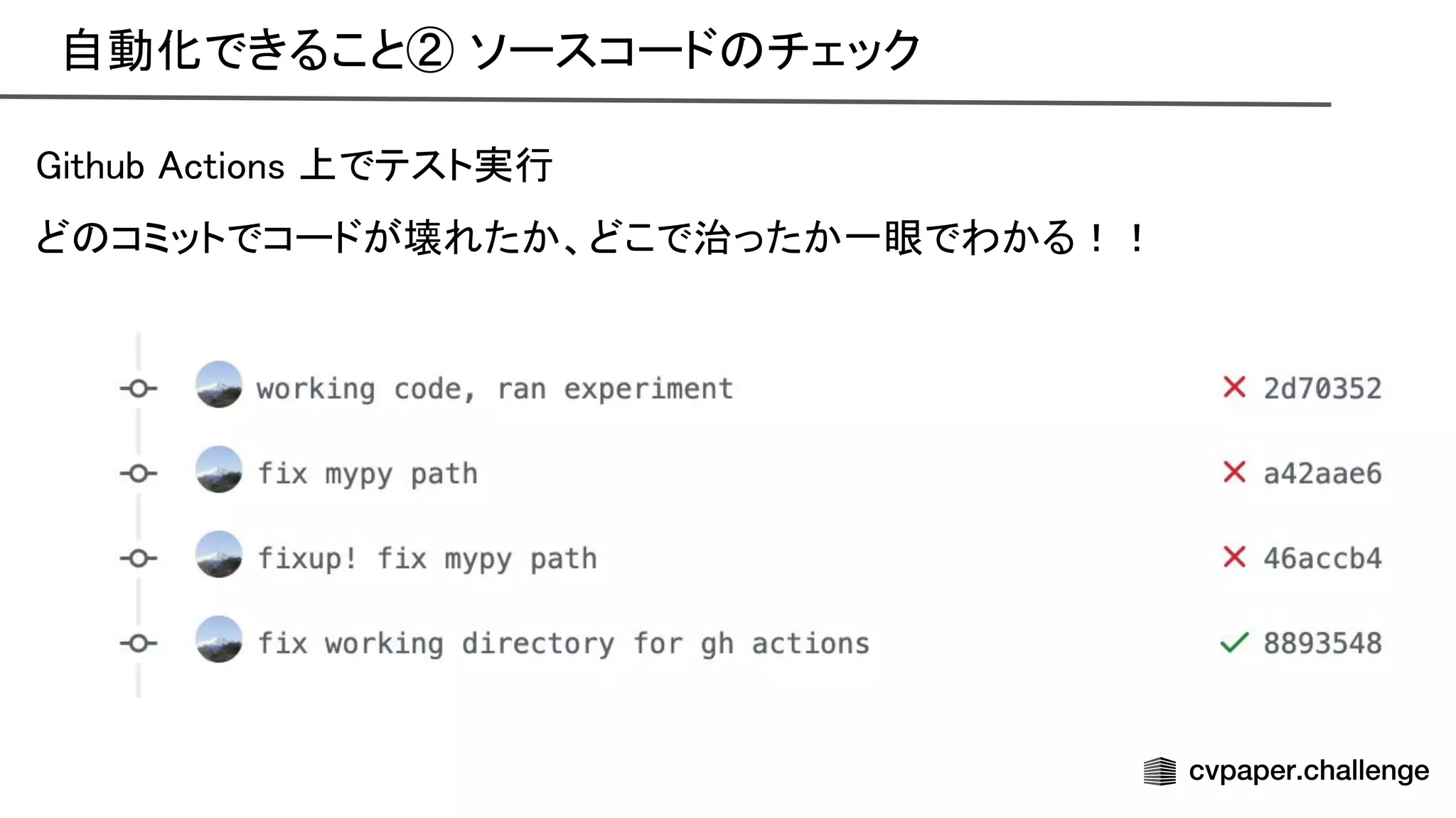 自動化できること② ソースコード チェック 
ithub ctions 上でテスト実行 
ど コミットでコードが壊れたか、どこで治ったか一眼でわかる！！ 
 
