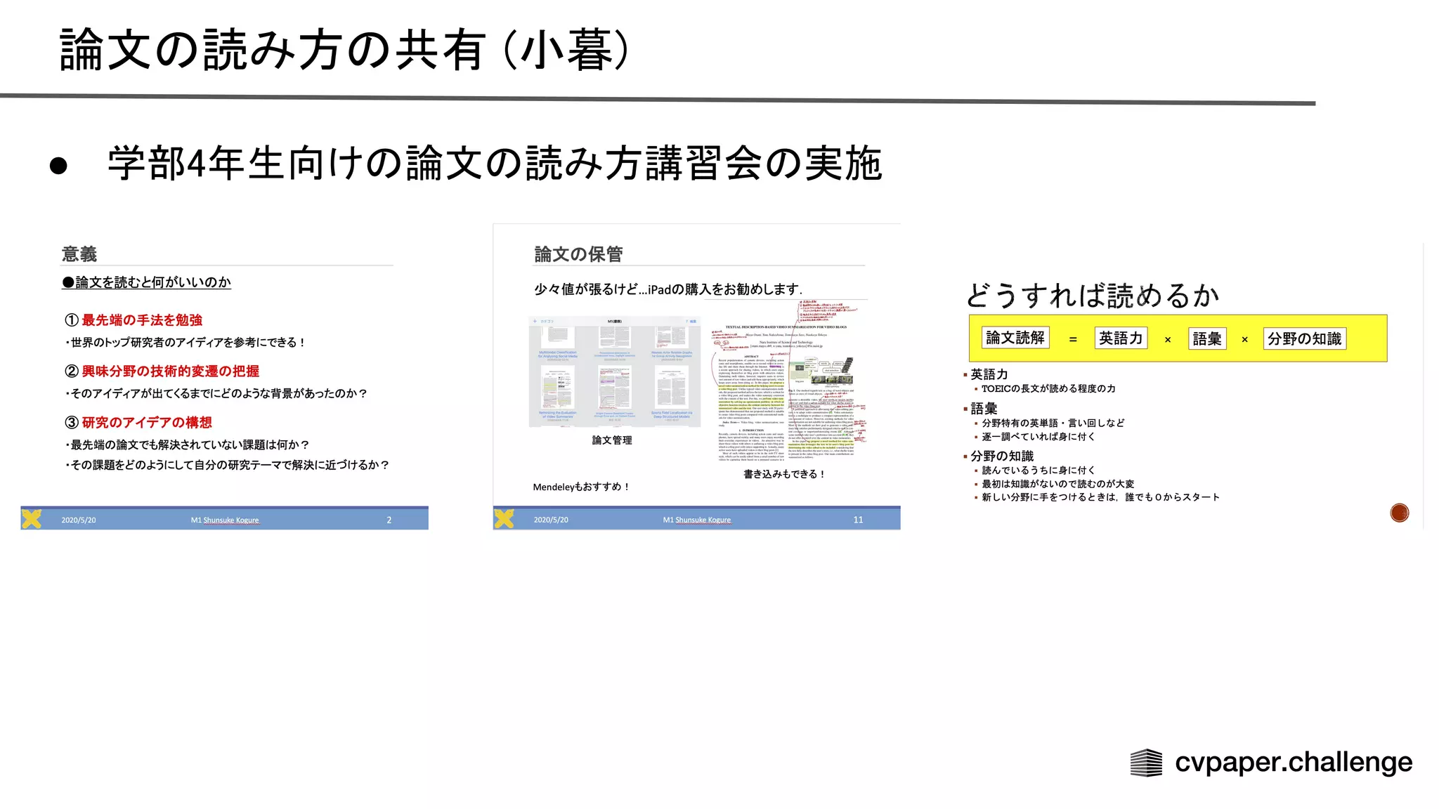 論文 読み方 共有 (小暮) 
● 学部4年生向け 論文 読み方講習会 実施 
 