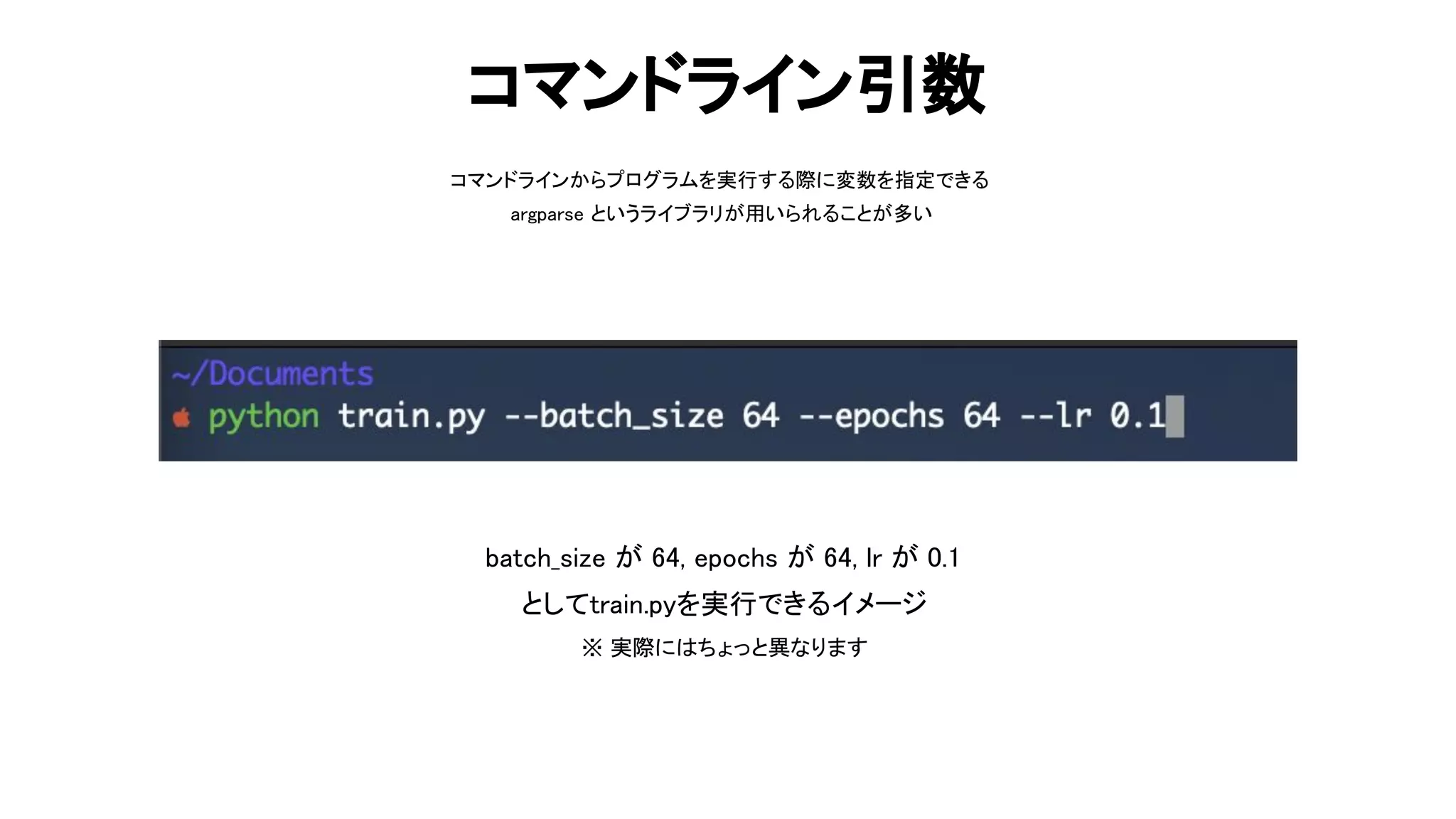 コマンドライン引数 
コマンドラインからプログラムを実行する際に変数を指定できる  
argparse というライブラリが用いられることが多い  
64 
batch_size が 64, epochs が 64, lr が 0.1  
としてtrain.pyを実行できるイメージ  
※ 実際に ちょっと異なります  
 