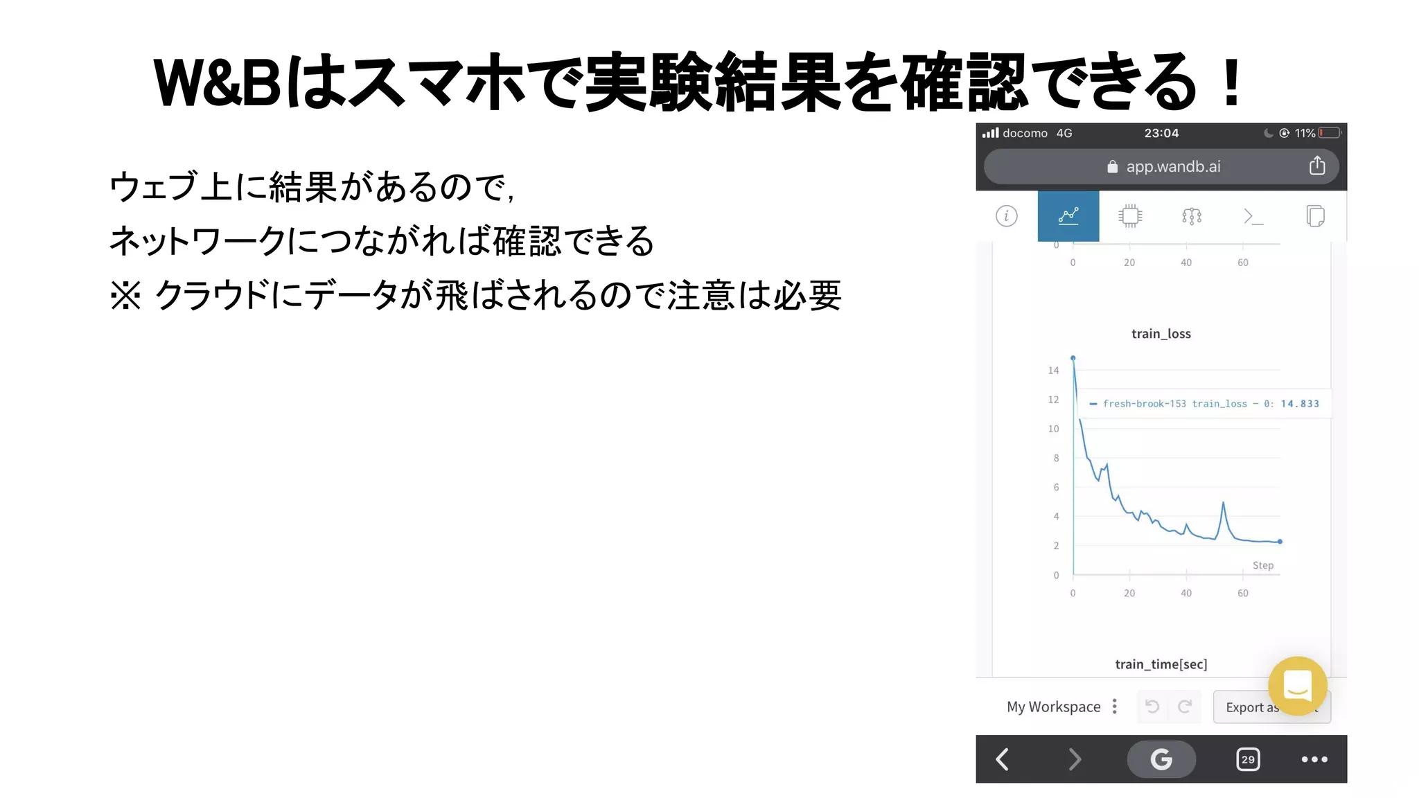 & スマホで実験結果を確認できる！ 
ウェブ上に結果がある で， 
ネットワークにつながれ 確認できる 
※ クラウドにデータが飛 される で注意 必要 
84 
 