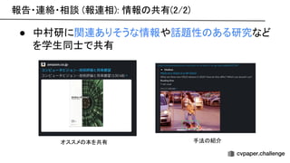報告・連絡・相談 (報連相): 情報 共有(2/2)  
 
● 中村研に関連ありそうな情報や話題性 ある研究など
を学生同士で共有 
 
 
オススメ 本を共有   手法 紹介 
 