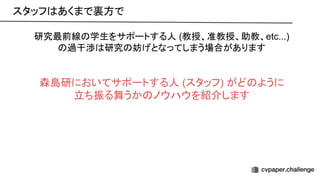 研究最前線 学生をサポートする人 (教授、准教授、助教、etc...)
過干渉 研究 妨げとなってしまう場合があります
森島研においてサポートする人 (スタッフ) がど ように
立ち振る舞うか ノウハウを紹介します
スタッフ あくまで裏方で 
 